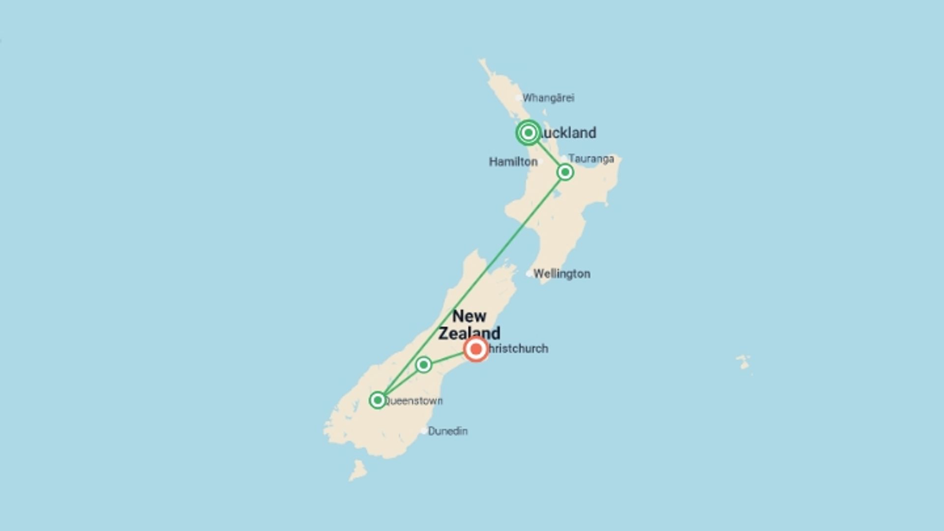 A map showing the tour itinerary for the trip: Bucket List New Zealand, starting in Auckland, New Zealand and ending in Christchurch, New Zealand going through 3 other destinations.