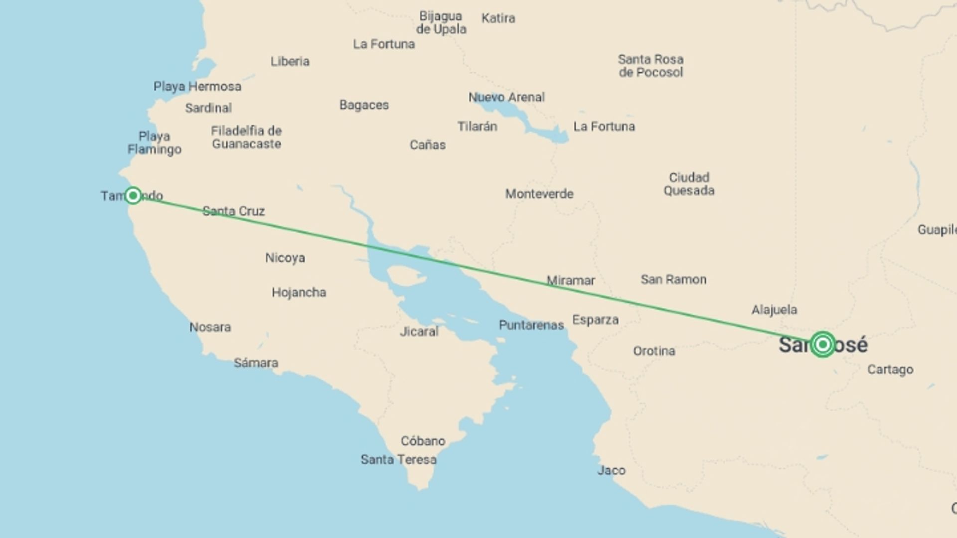 A map showing the tour itinerary for the trip: A Taste Of Costa Rica, starting in San Jose, Costa Rica and ending in San Jose, Costa Rica going through 3 other destinations.