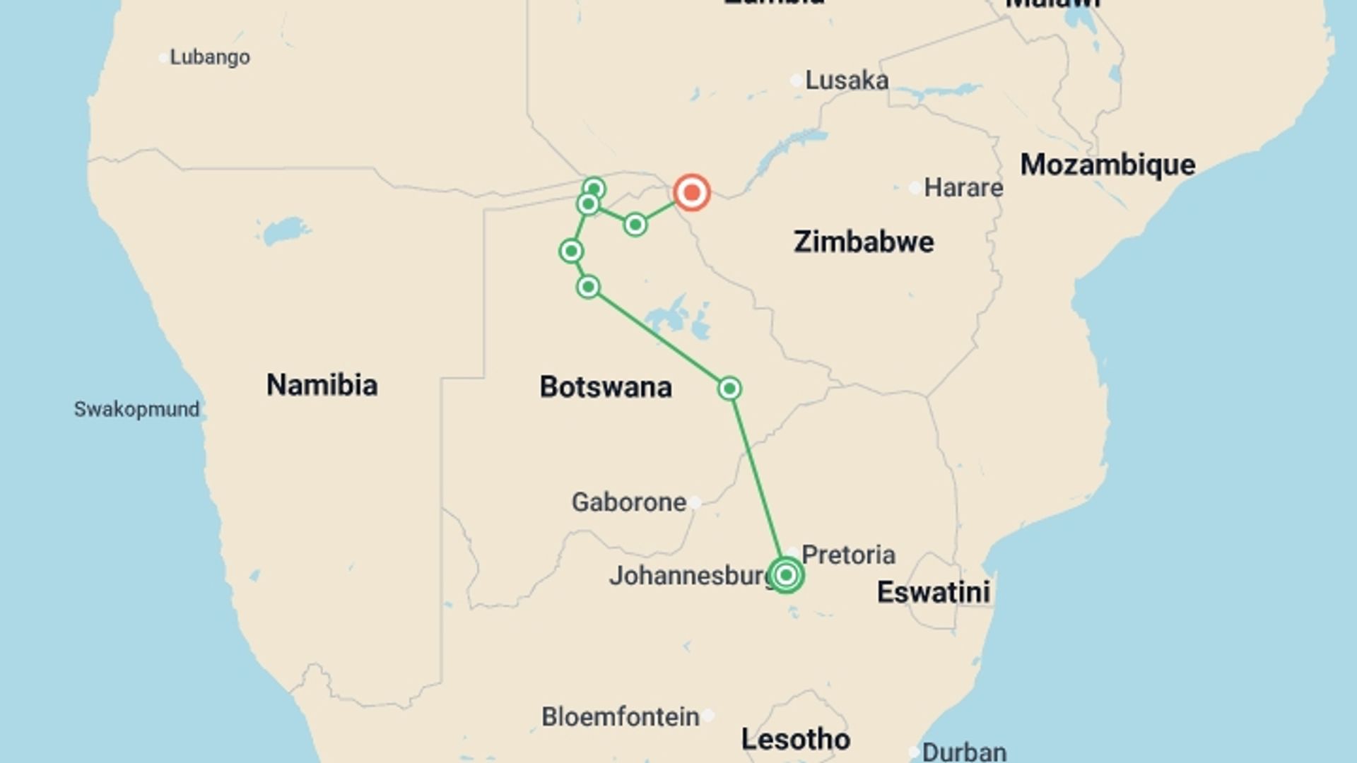 A map showing the tour itinerary for the trip: Essential Botswana, starting in Johannesburg, South Africa and ending in Victoria Falls, Zimbabwe going through 6 other destinations.