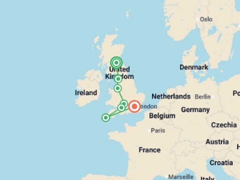 Map itinerary of London Tour in May 2027 with 2 destination visits for the trip: Coasts & Countrysides of England with Edinburgh, Liverpool & London
