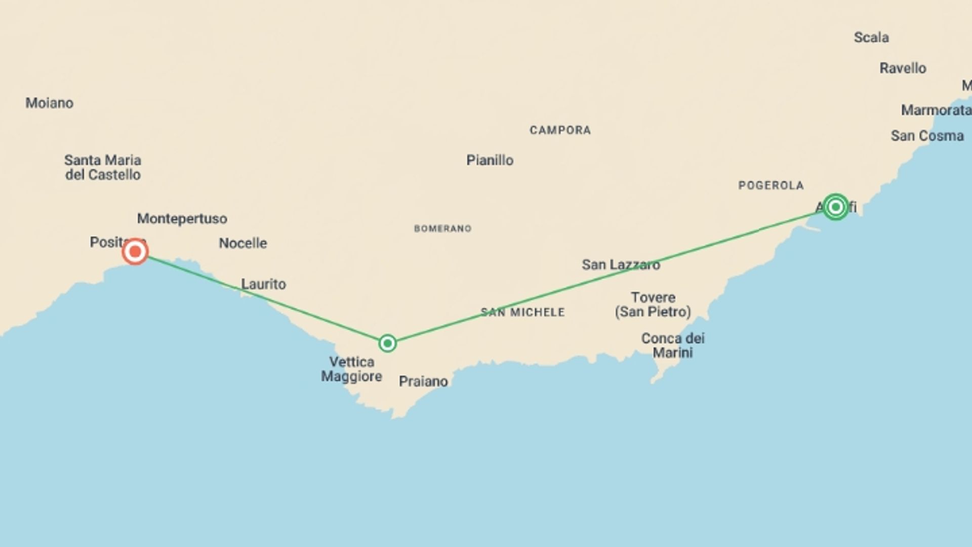A map showing the tour itinerary for the trip: Classic Amalfi Coast - 8 Days, starting in Amalfi, Italy and ending in Positano, Italy going through 2 other destinations.