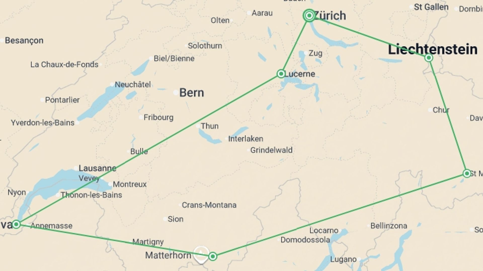 A map showing the tour itinerary for the trip: Majestic Switzerland, starting in Zurich, Switzerland and ending in Zurich, Switzerland going through 5 other destinations.