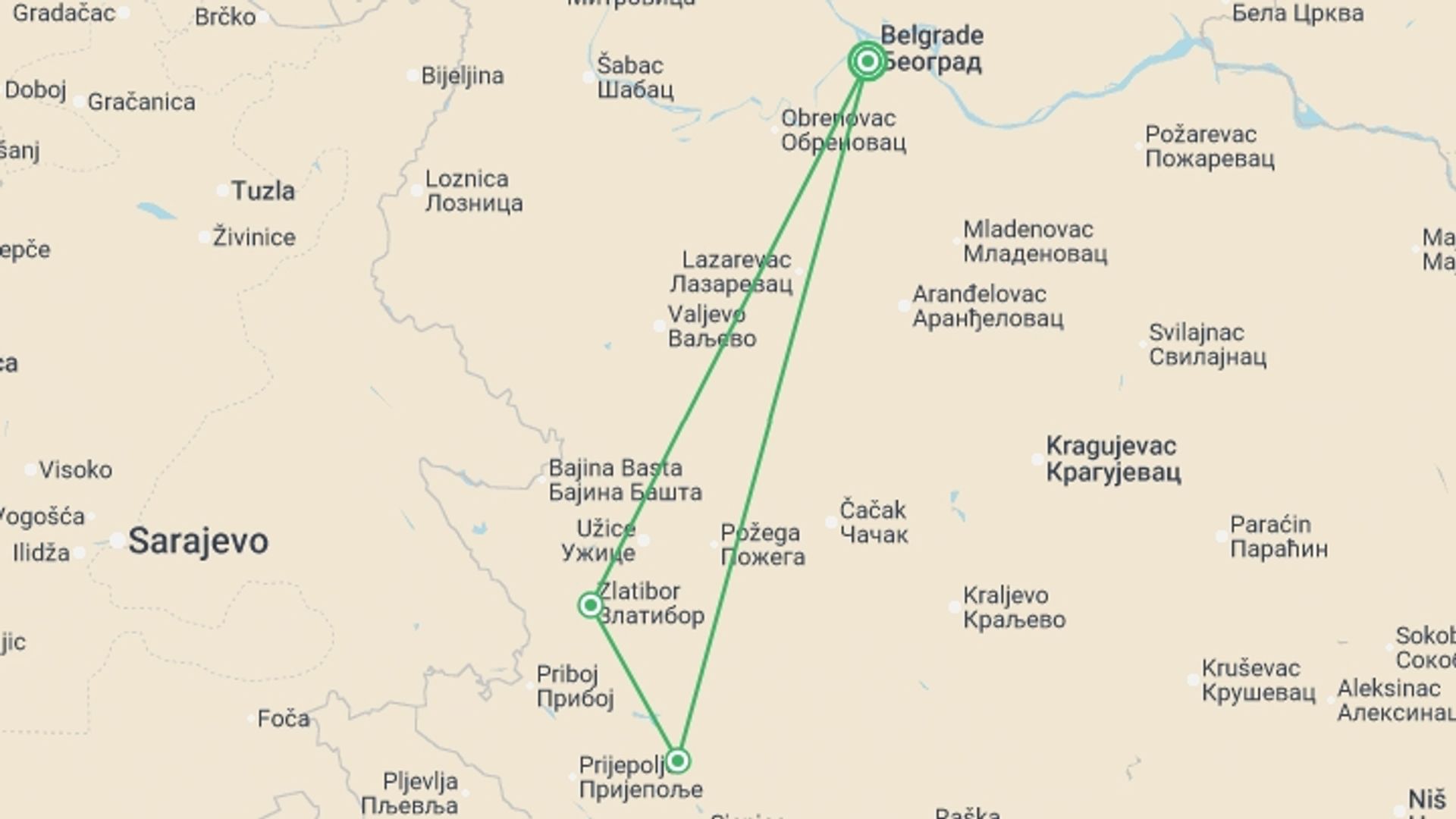 A map showing the tour itinerary for the trip: Serbia Uncovered - 7 days, starting in Belgrade, Serbia and ending in Belgrade, Serbia going through 1 other destinations.