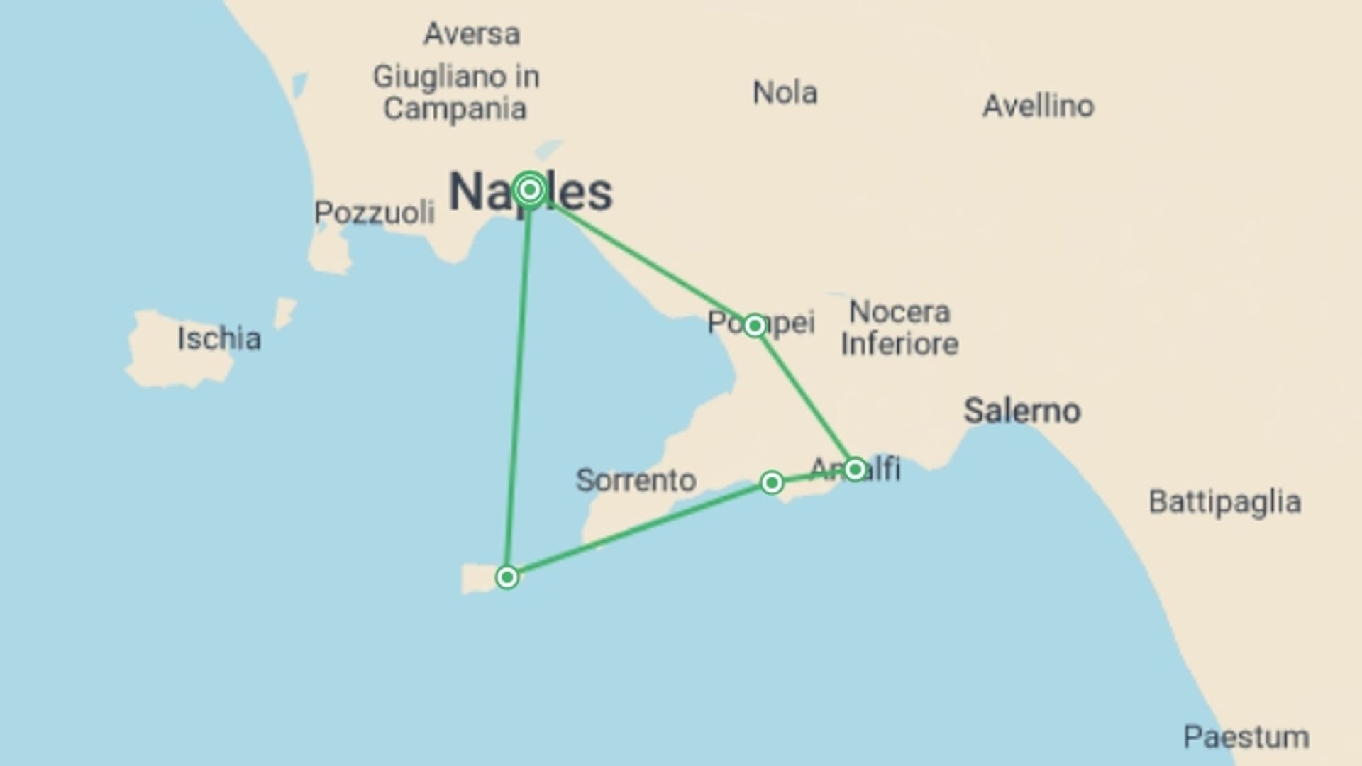 A map showing the tour itinerary for the trip: Premium Walking & Hiking on Italy's Amalfi Coast, starting in Naples, Italy and ending in Naples, Italy going through 3 other destinations.