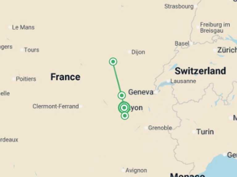 Map of France Tour with 2 destination visits for the trip: The Valleys of the Rhône and Saône: Gastronomy and vineyards (port-to-port cruise)