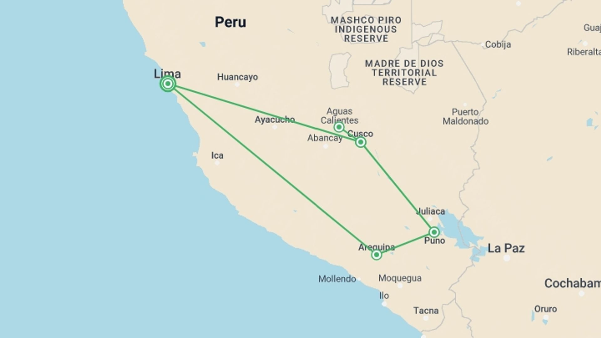 A map showing the tour itinerary for the trip: Peru Express, Italian-speaking Guide, starting in Lima, Peru and ending in Lima, Peru going through 4 other destinations.