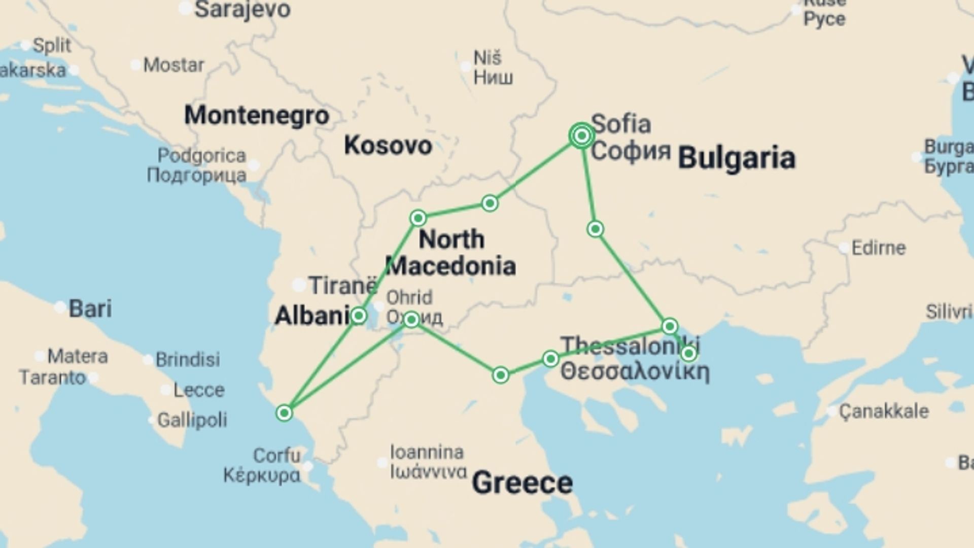 A map showing the tour itinerary for the trip: Ancient Macedonia, starting in Sofia, Bulgaria and ending in Sofia, Bulgaria going through 11 other destinations.