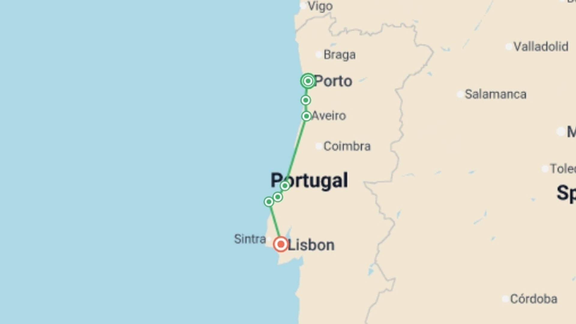 A map showing the tour itinerary for the trip: Cycling Portugal - Porto to Lisbon, starting in Porto, Portugal and ending in Lisbon, Portugal going through 5 other destinations.