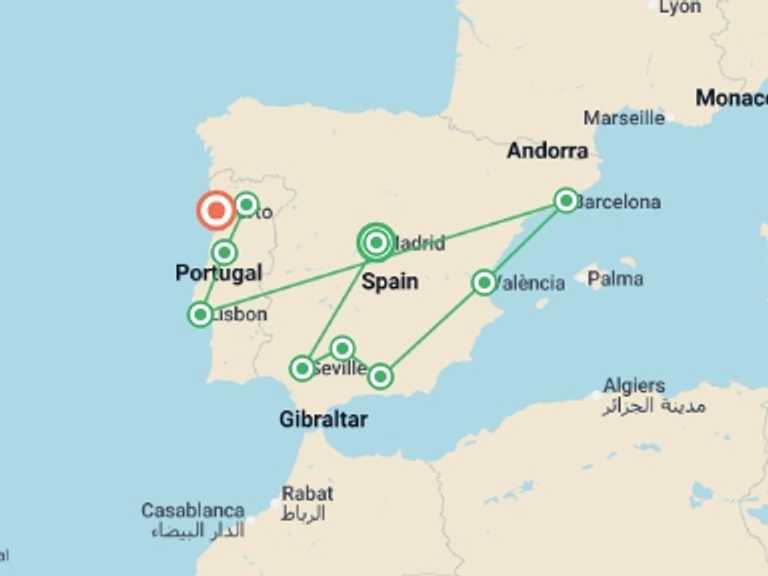 Map itinerary of Europe Tour in April 2026 with 10 destination visits for the trip: Premium Spain & Portugal