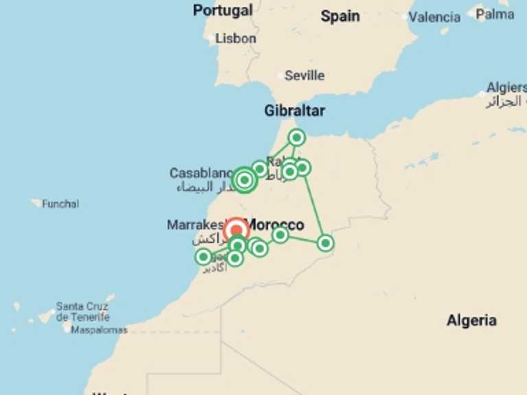 Map of Mediterranean Trekking and Hiking Tour with 14 destination visits for the trip: Morocco Adventure
