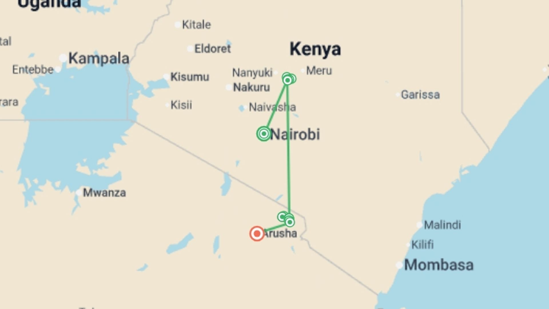 A map showing the tour itinerary for the trip: Twin Peaks, starting in Nairobi, Kenya and ending in Arusha, Tanzania going through 13 other destinations.