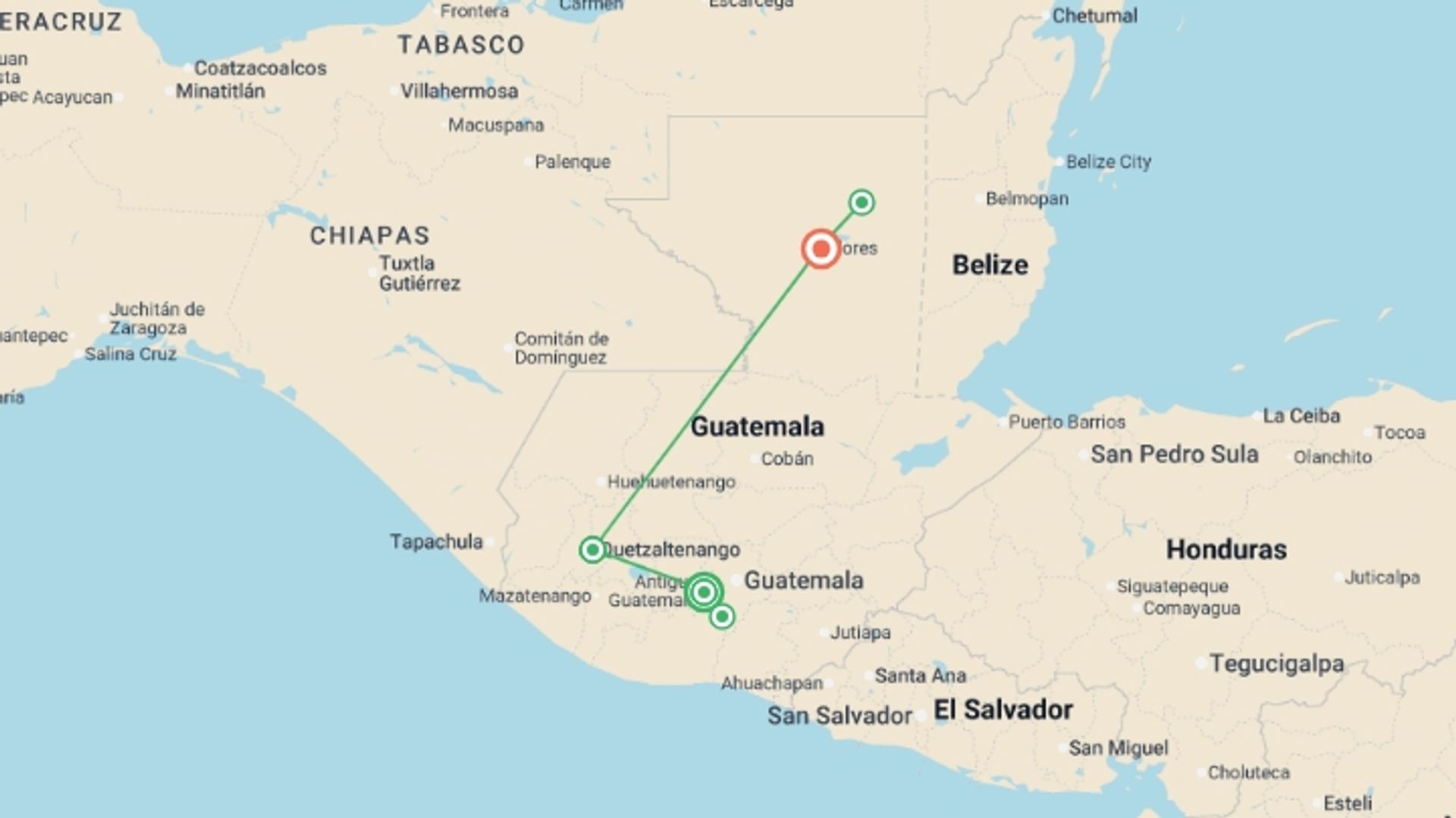 A map showing the tour itinerary for the trip: Discover Guatemala, starting in Antigua, Guatemala and ending in Flores, Guatemala going through 3 other destinations.