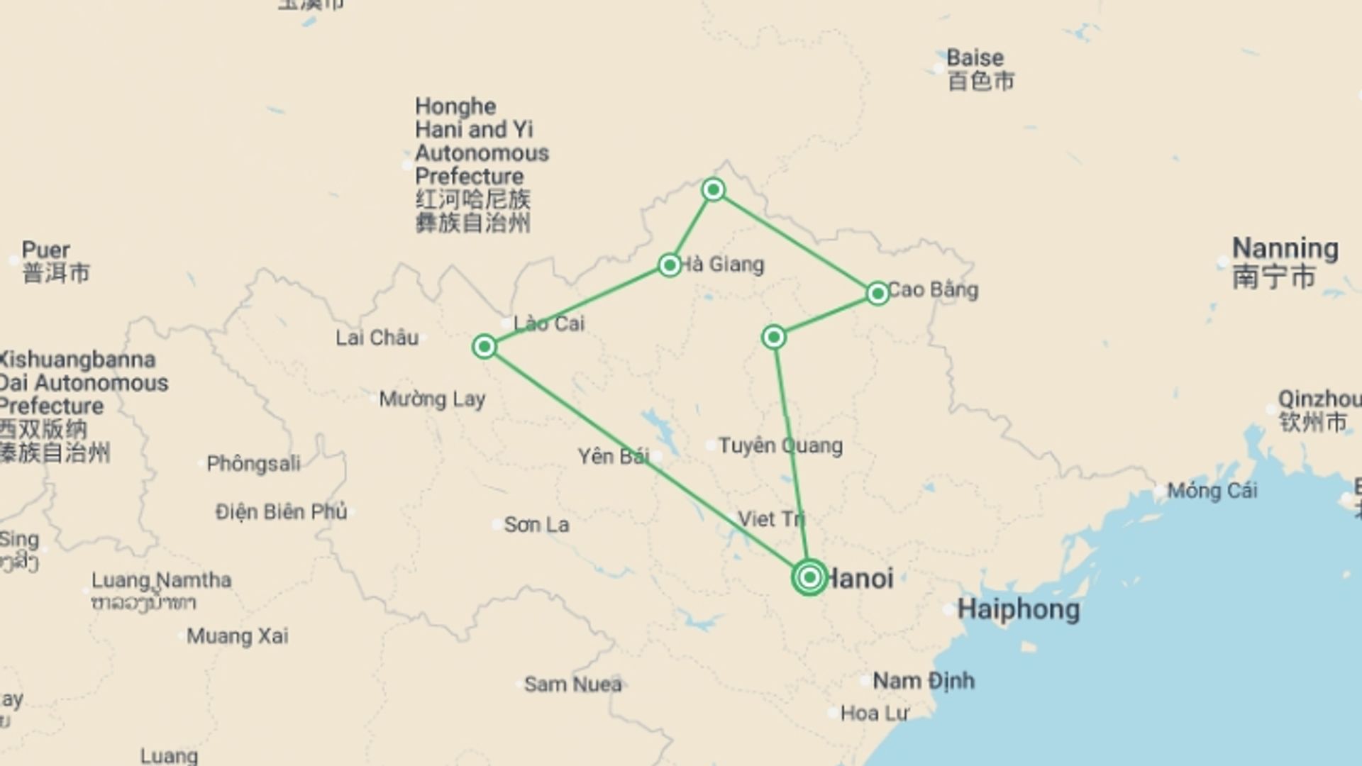 A map showing the tour itinerary for the trip: Secrets of North Vietnam - 8 days, starting in Hanoi, Vietnam and ending in Hanoi, Vietnam going through 5 other destinations.
