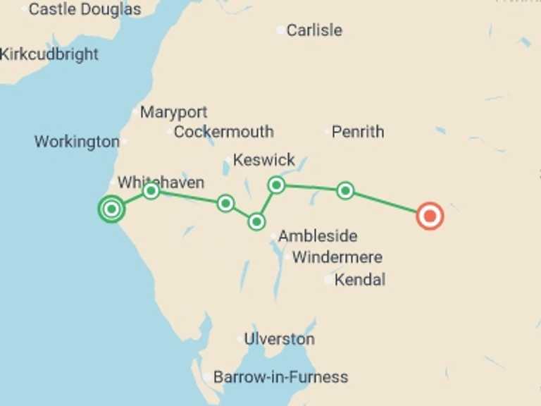 Map of UK and Britain Tour with 7 destination visits for the trip: Coast to Coast West - St Bees to Kirkby Stephen - 8 Days