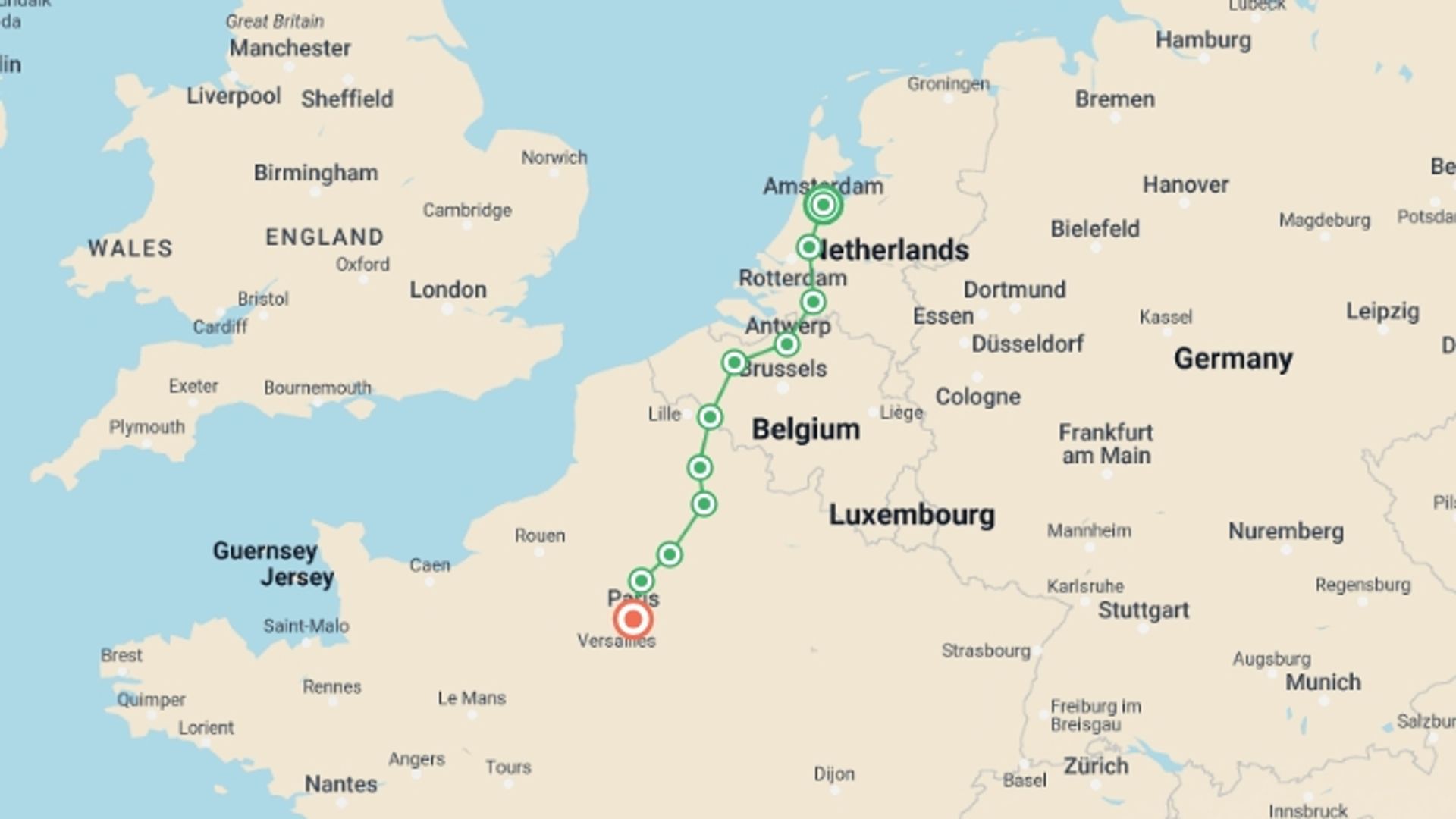 A map showing the tour itinerary for the trip: Cycle Amsterdam to Paris, starting in Amsterdam, Holland and ending in Paris, France going through 9 other destinations.