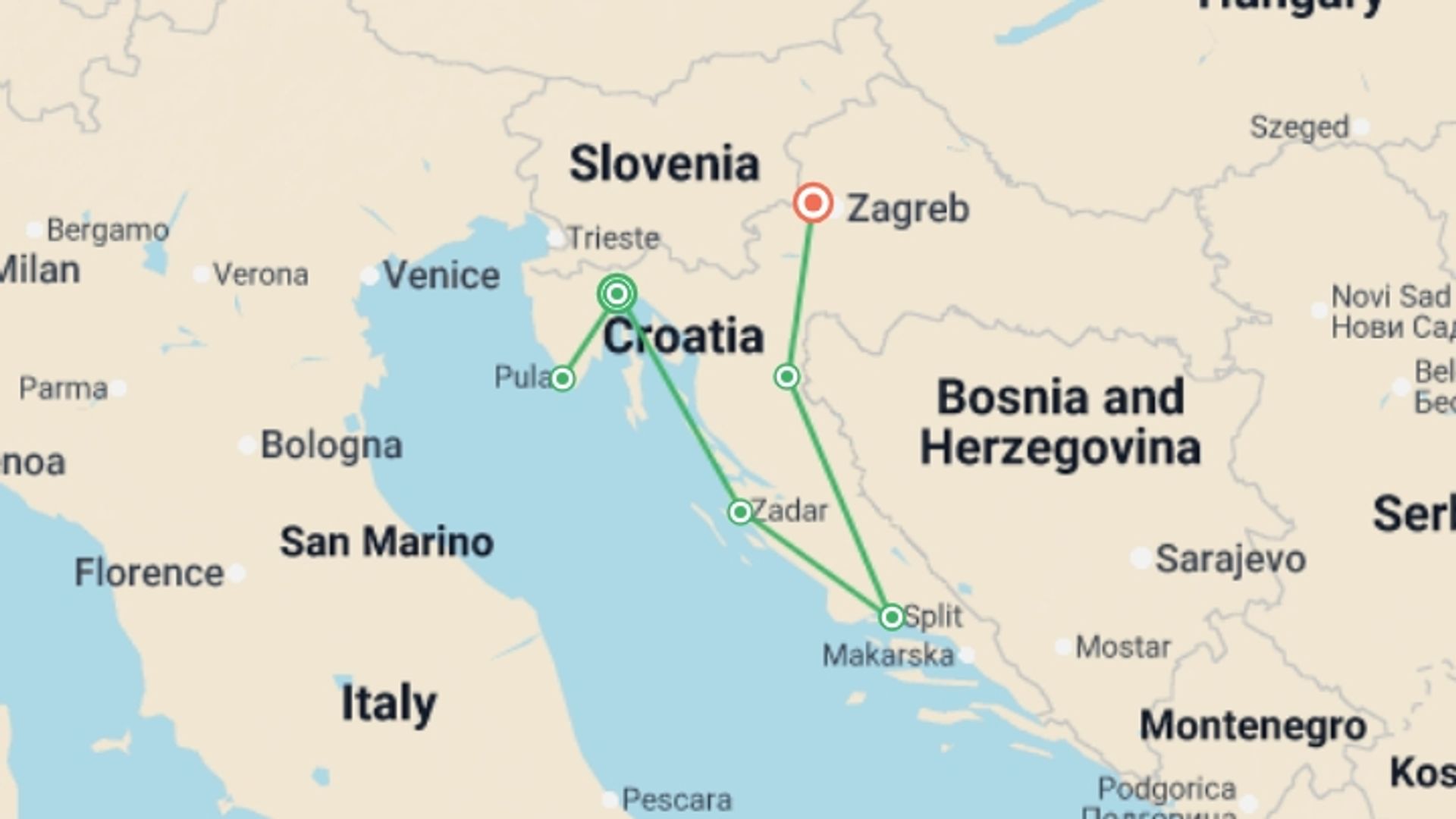 A map showing the tour itinerary for the trip: Timeless Croatia, starting in Opatija, Croatia and ending in Zagreb, Croatia going through 2 other destinations.