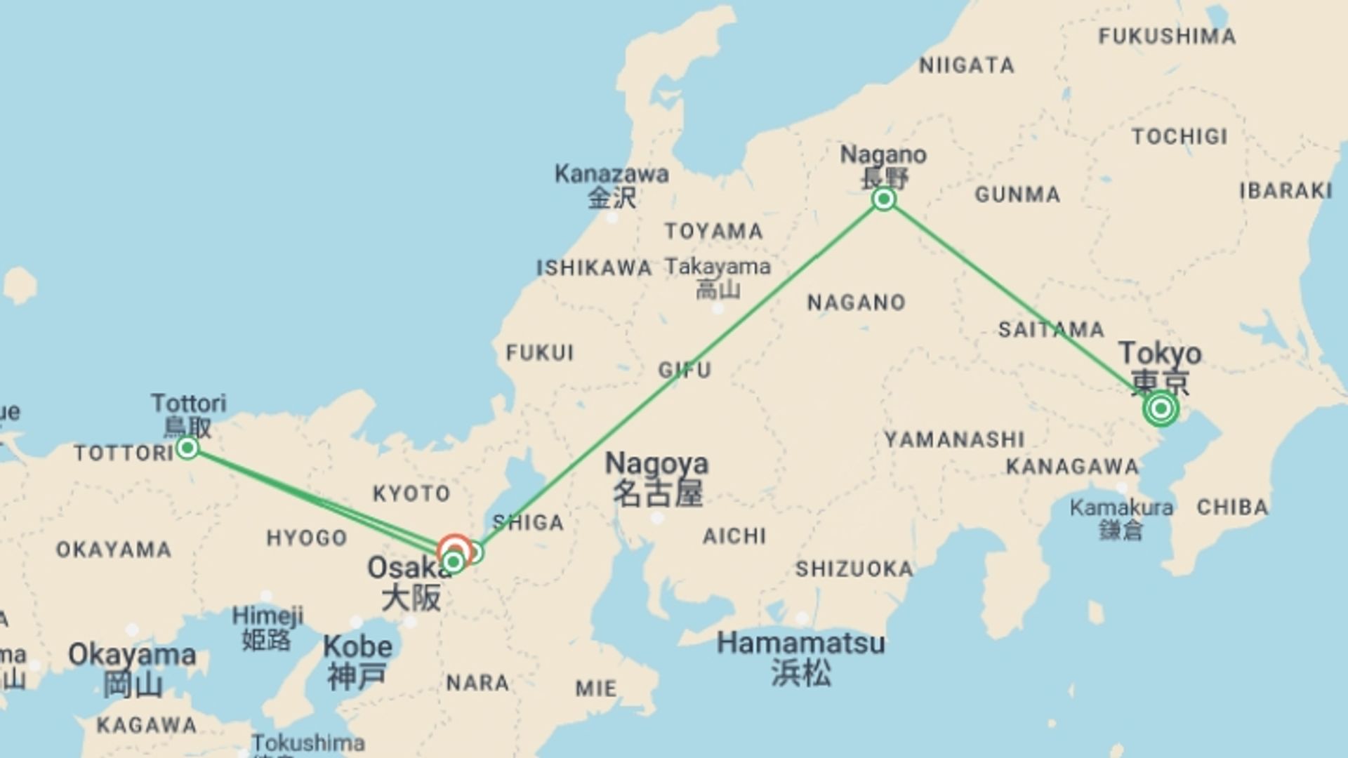 A map showing the tour itinerary for the trip: Back Roads of Japan, starting in Tokyo, Japan and ending in Kyoto, Japan going through 4 other destinations.