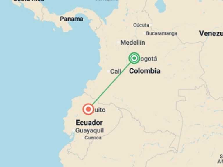 Map itinerary of Quito Tour in December 2025 with 2 destination visits for the trip: Bogota to Quito Travel Pass