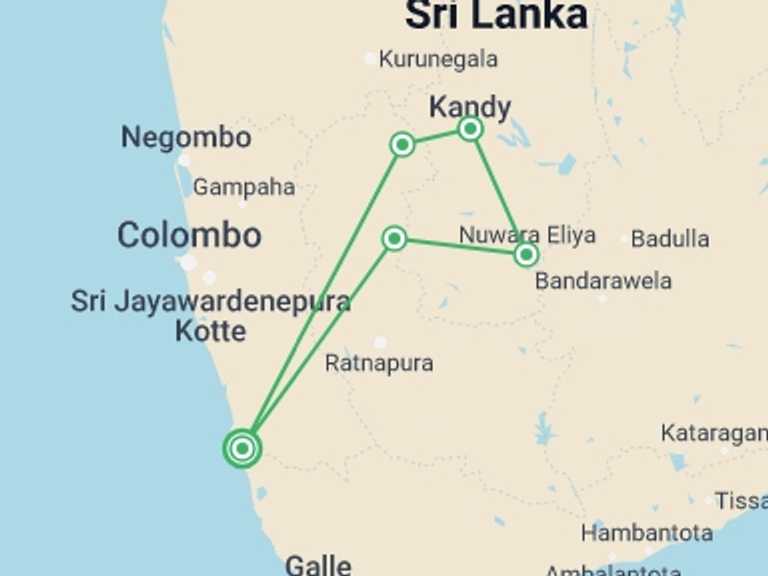 Map of Sri Lanka Tour with 3 destination visits for the trip: Kandy & Nuwara Eliya, Private Tour
