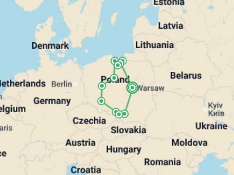 Map itinerary of Europe Tour in July 2026 with 5 destination visits for the trip: Full Wonders of Poland Circuit