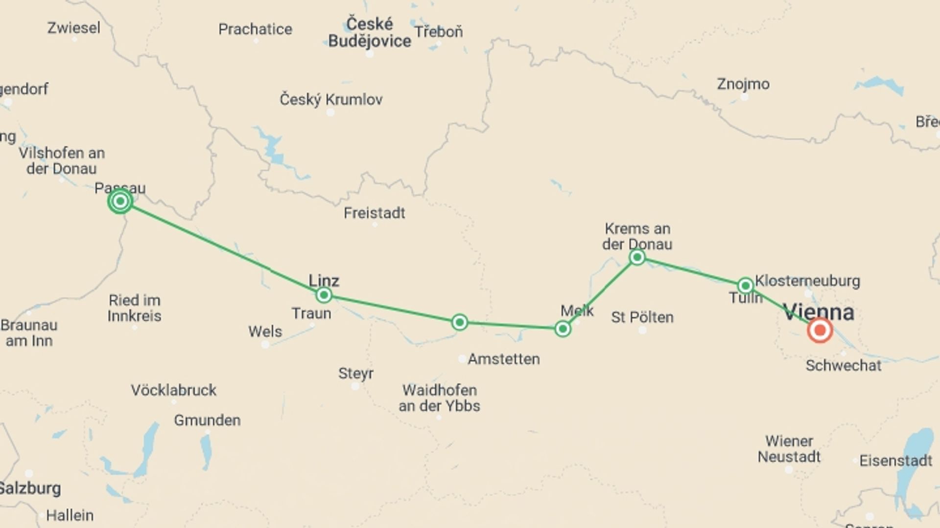 A map showing the tour itinerary for the trip: Cycling on the Danube from Passau to Vienna, starting in Passau, Germany and ending in Vienna, Austria going through 5 other destinations.
