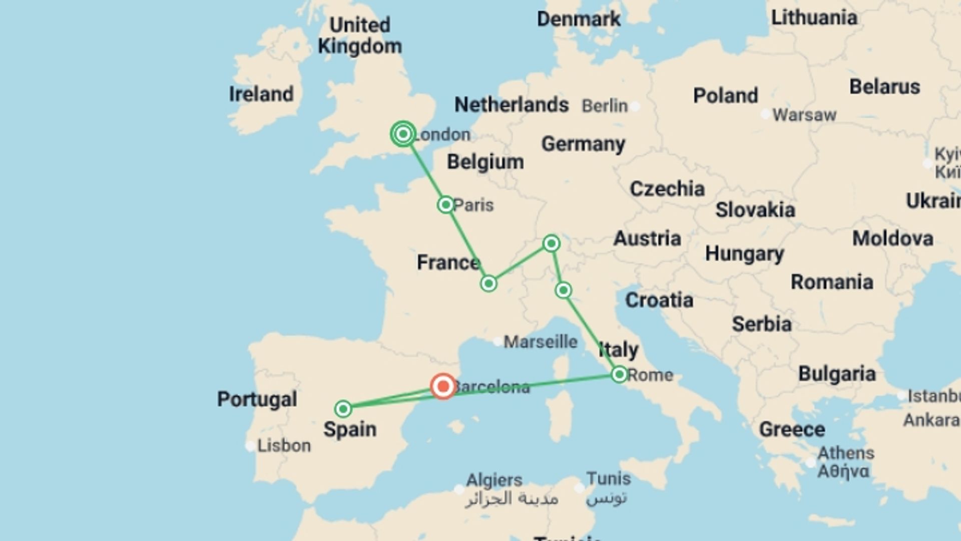 A map showing the tour itinerary for the trip: Spectacular Europe with Barcelona, starting in London, England and ending in Barcelona, Spain going through 6 other destinations.