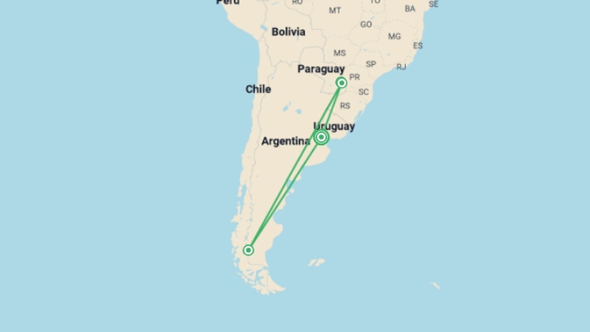A map showing the tour itinerary for the trip: Glaciers, Falls & Tango - SMART Adventure, starting in Buenos Aires, Argentina and ending in Buenos Aires, Argentina going through 4 other destinations.