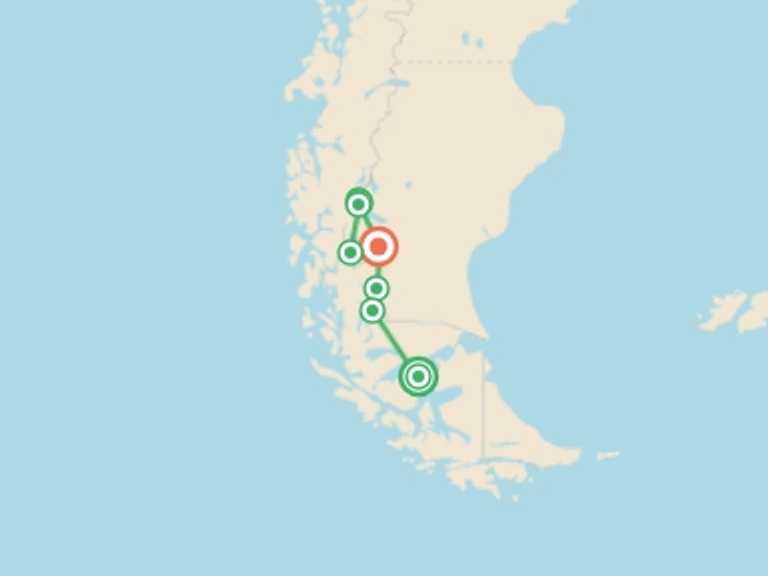 Map of South America Tour with 9 destination visits for the trip: Majestic Peaks of Patagonia - GROUP TOUR