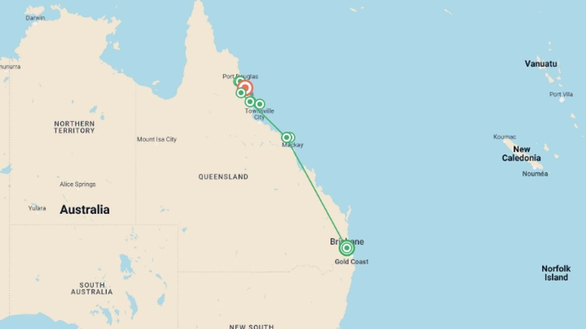 A map showing the tour itinerary for the trip: Brisbane to Daintree Rainforest - 9 Day Boutique Tour, starting in Brisbane, Australia and ending in Cairns, Australia going through 4 other destinations.