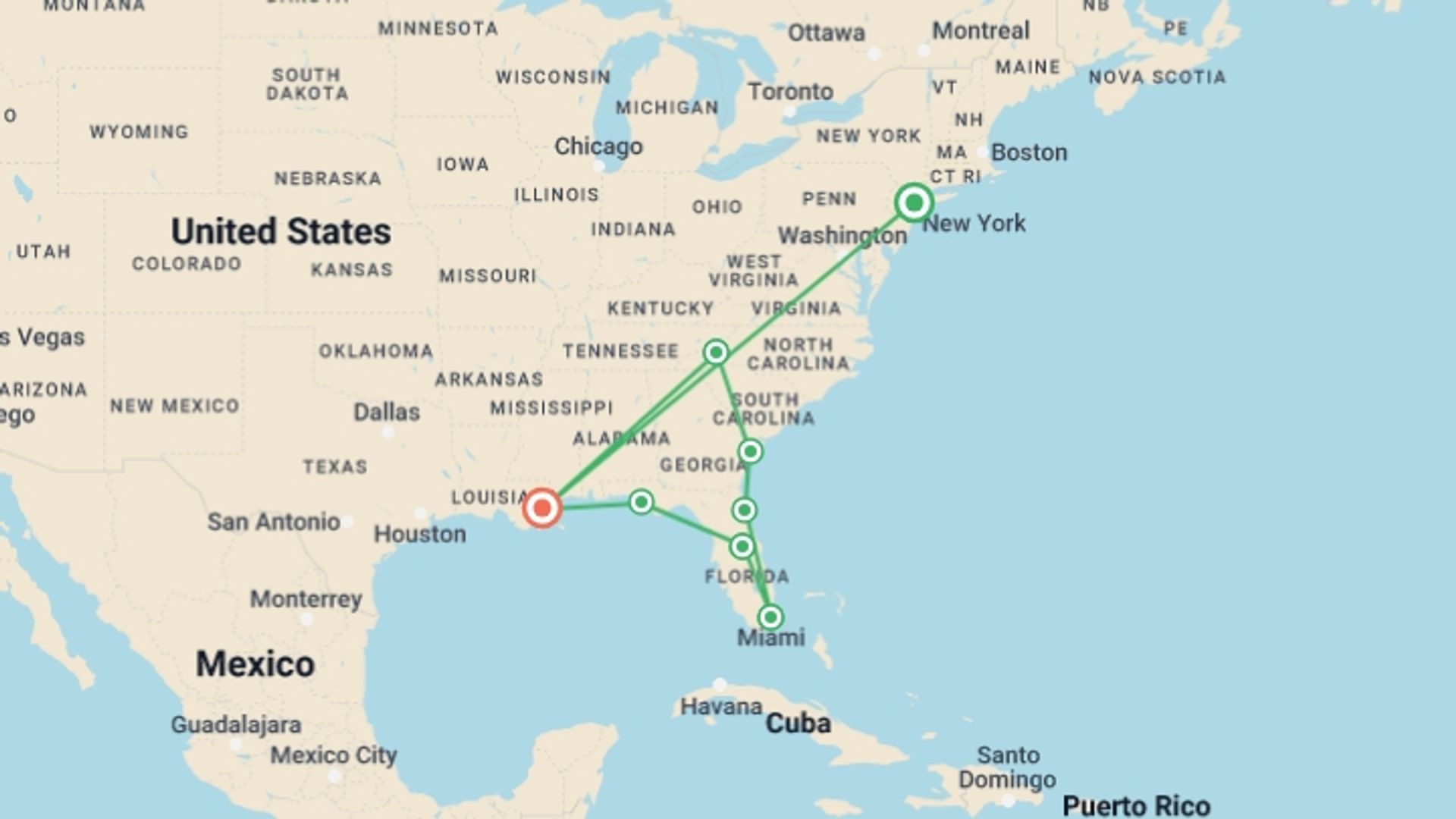 A map showing the tour itinerary for the trip: USA: Dallas to Miami, starting in New York, USA and ending in New Orleans, USA going through 6 other destinations.