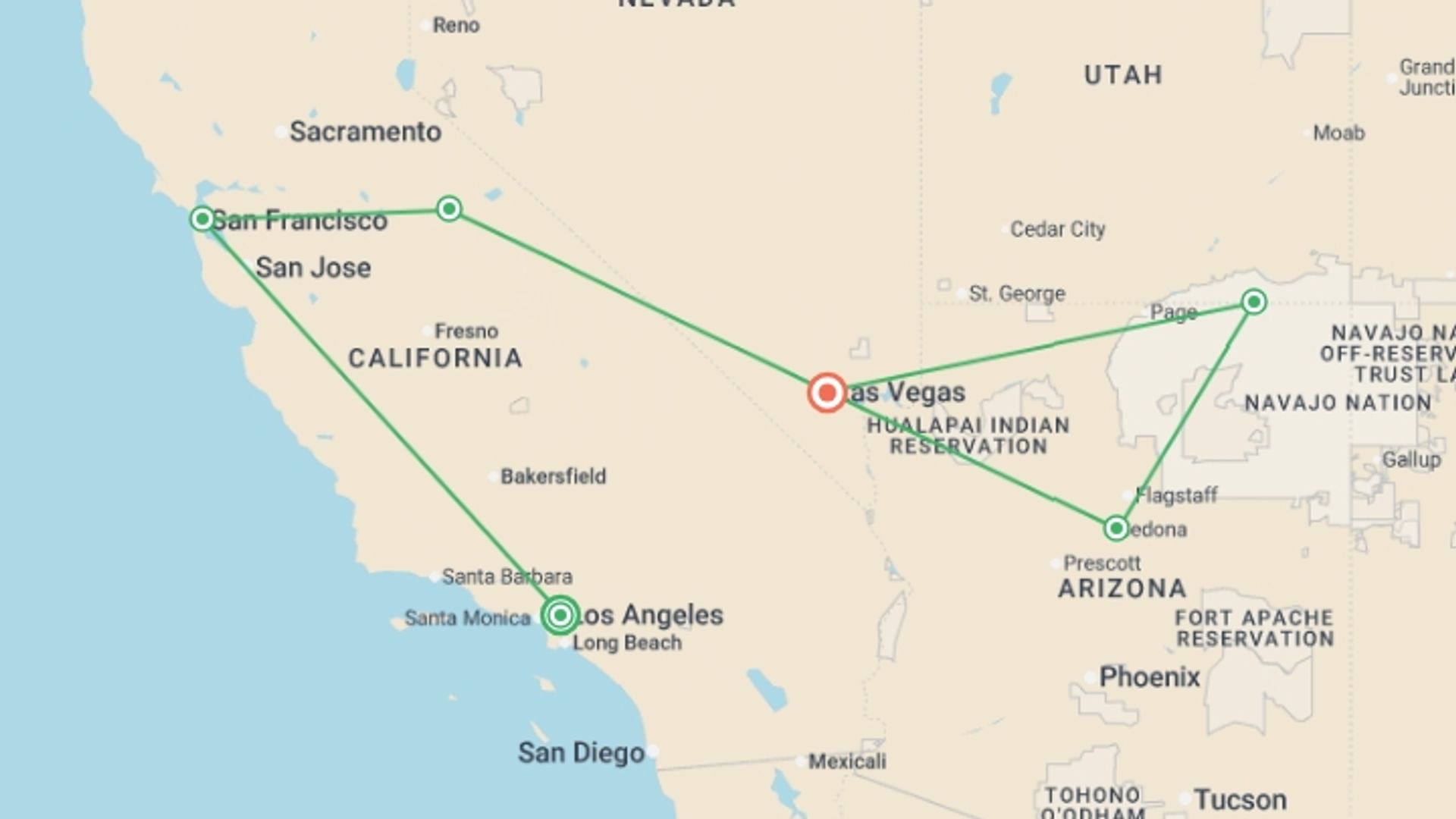 A map showing the tour itinerary for the trip: Best of the Western US - 8 days, starting in Los Angeles, USA and ending in Las Vegas, USA going through 4 other destinations.
