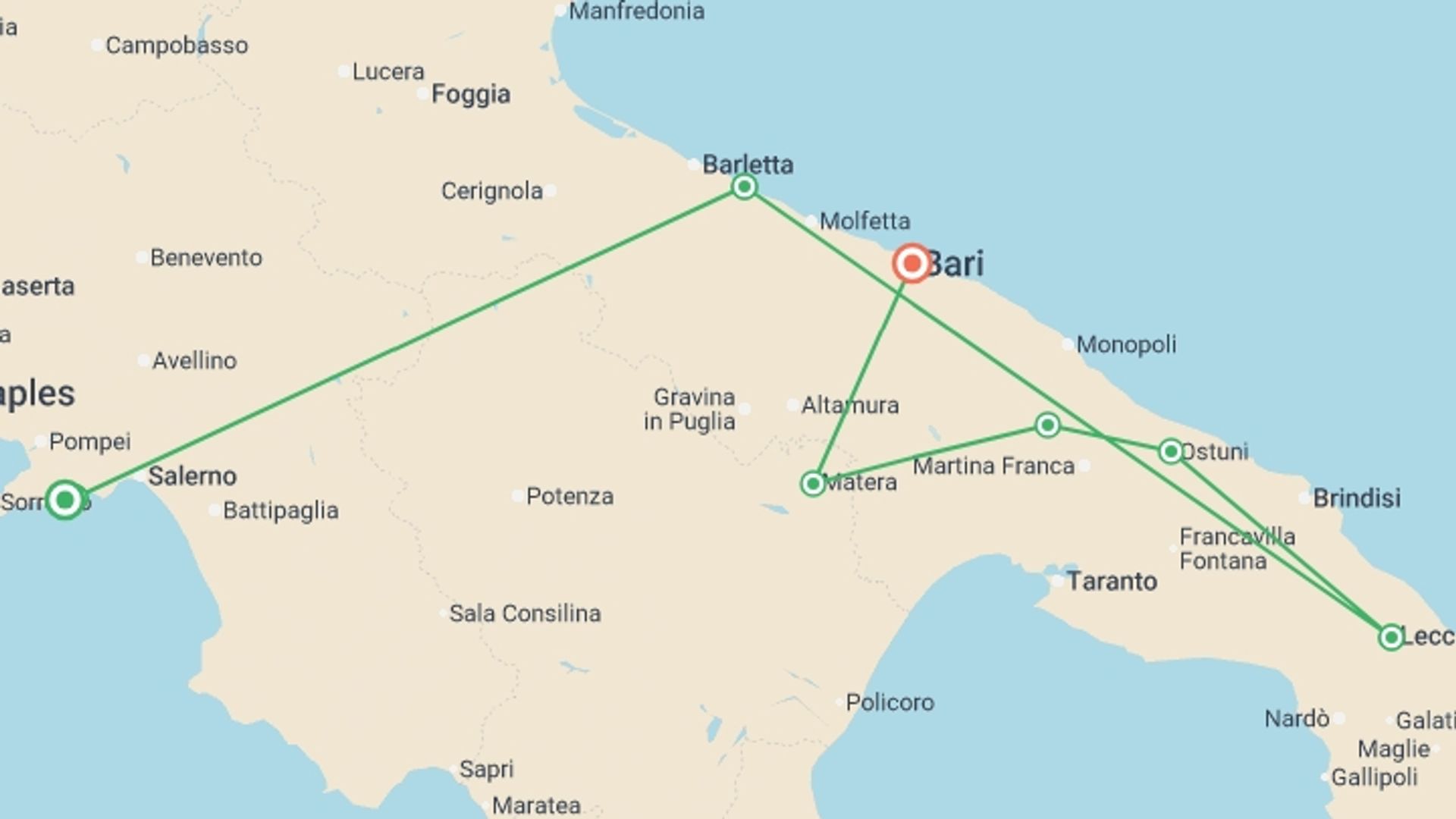 A map showing the tour itinerary for the trip: Explore Southern Italy, starting in Amalfi Coast & Campania, Italy and ending in Bari, Italy going through 5 other destinations.