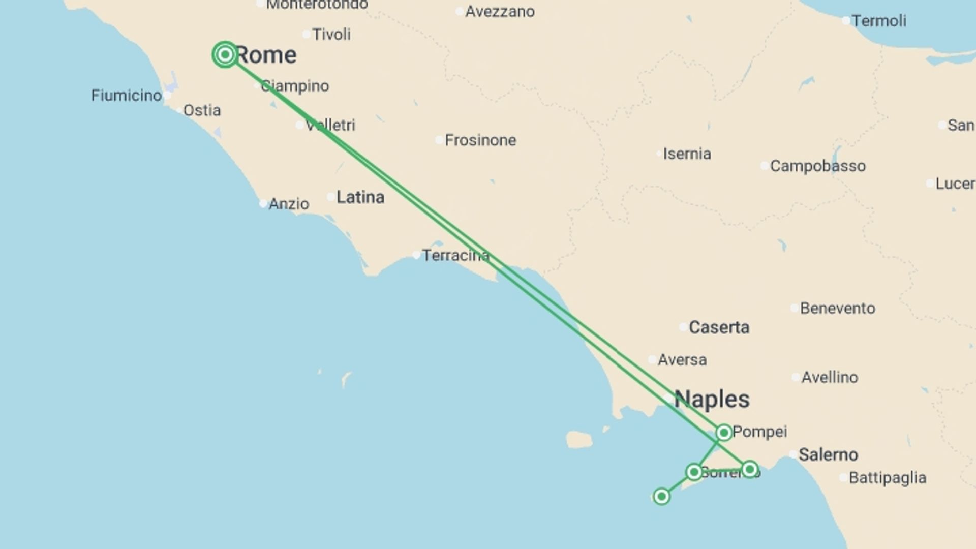 A map showing the tour itinerary for the trip: Rome, Sorrento & Amalfi Coast (4 Star) - 10 days, starting in Rome, Italy and ending in Rome, Italy going through 2 other destinations.