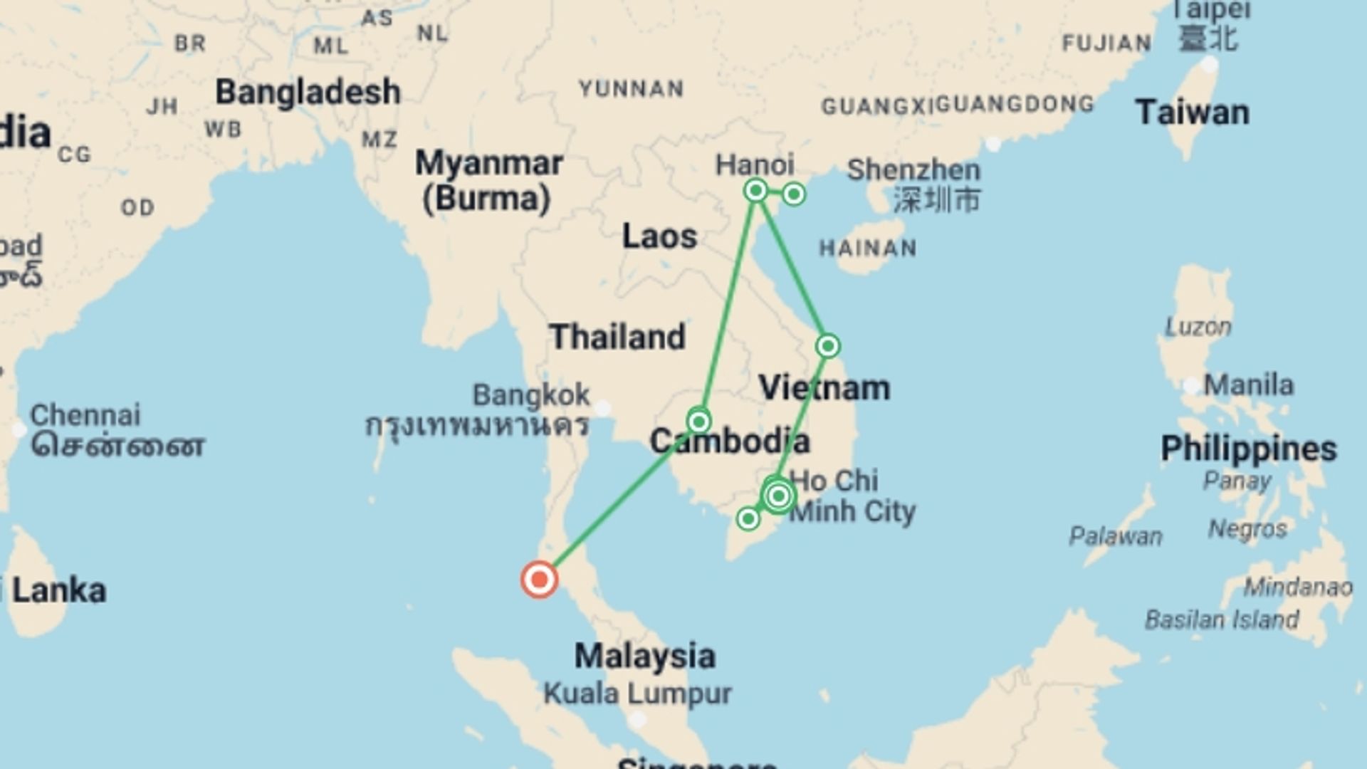 A map showing the tour itinerary for the trip: Amazing Vietnam, Cambodia and Thailand, starting in Ho Chi Minh City, Vietnam and ending in Phuket, Thailand going through 7 other destinations.