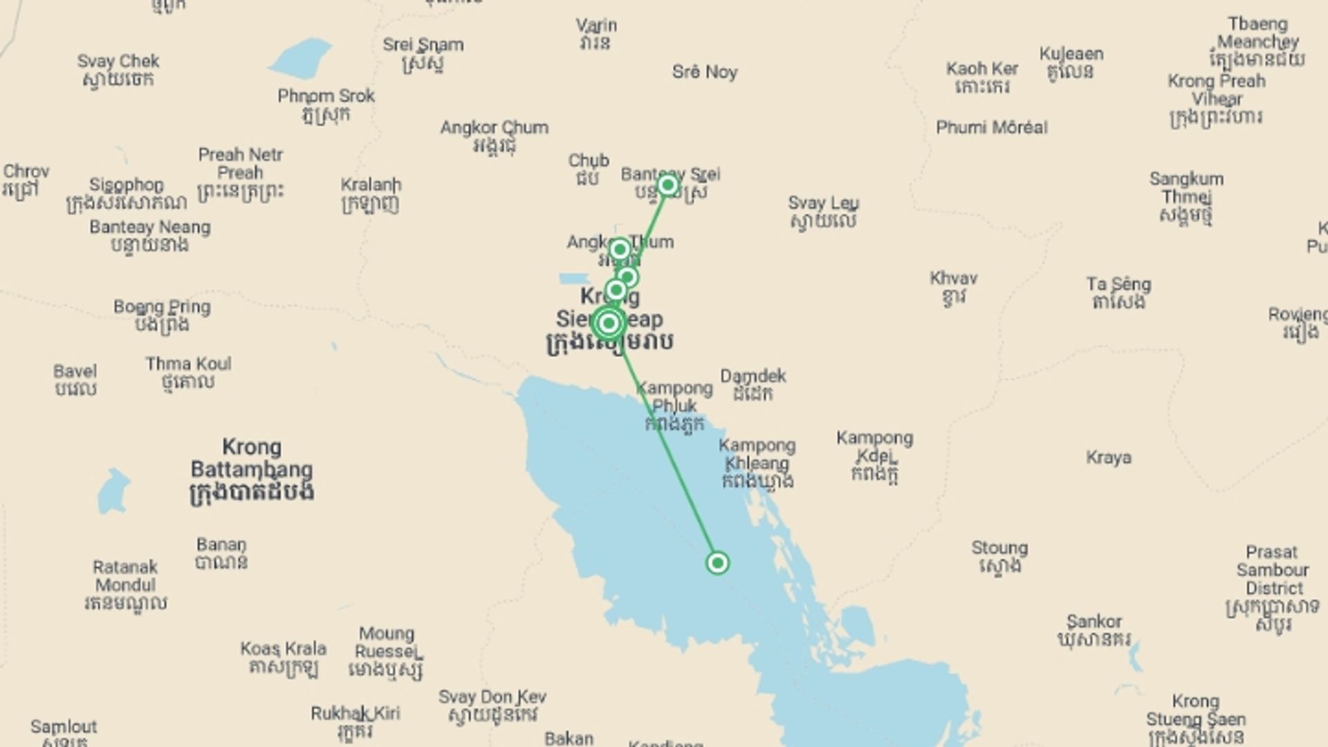 A map showing the tour itinerary for the trip: Angkor Temples & Lost City Of Ta Prohm, Private Tour, starting in Siem Reap, Cambodia and ending in Siem Reap, Cambodia going through 0 other destinations.