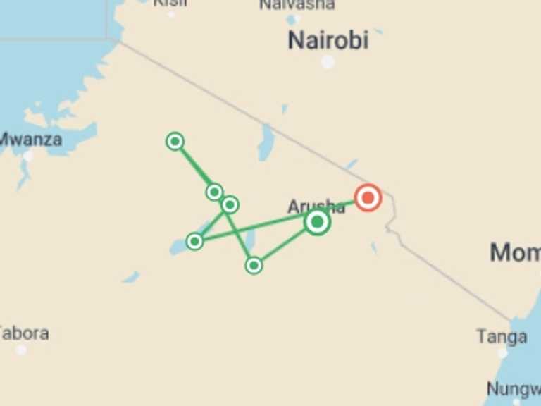 Map itinerary of Ngorongoro Crater Tour in June 2027 with 7 destination visits for the trip: Tanzania Big Five Tour And Hunting With The Hadzabe 