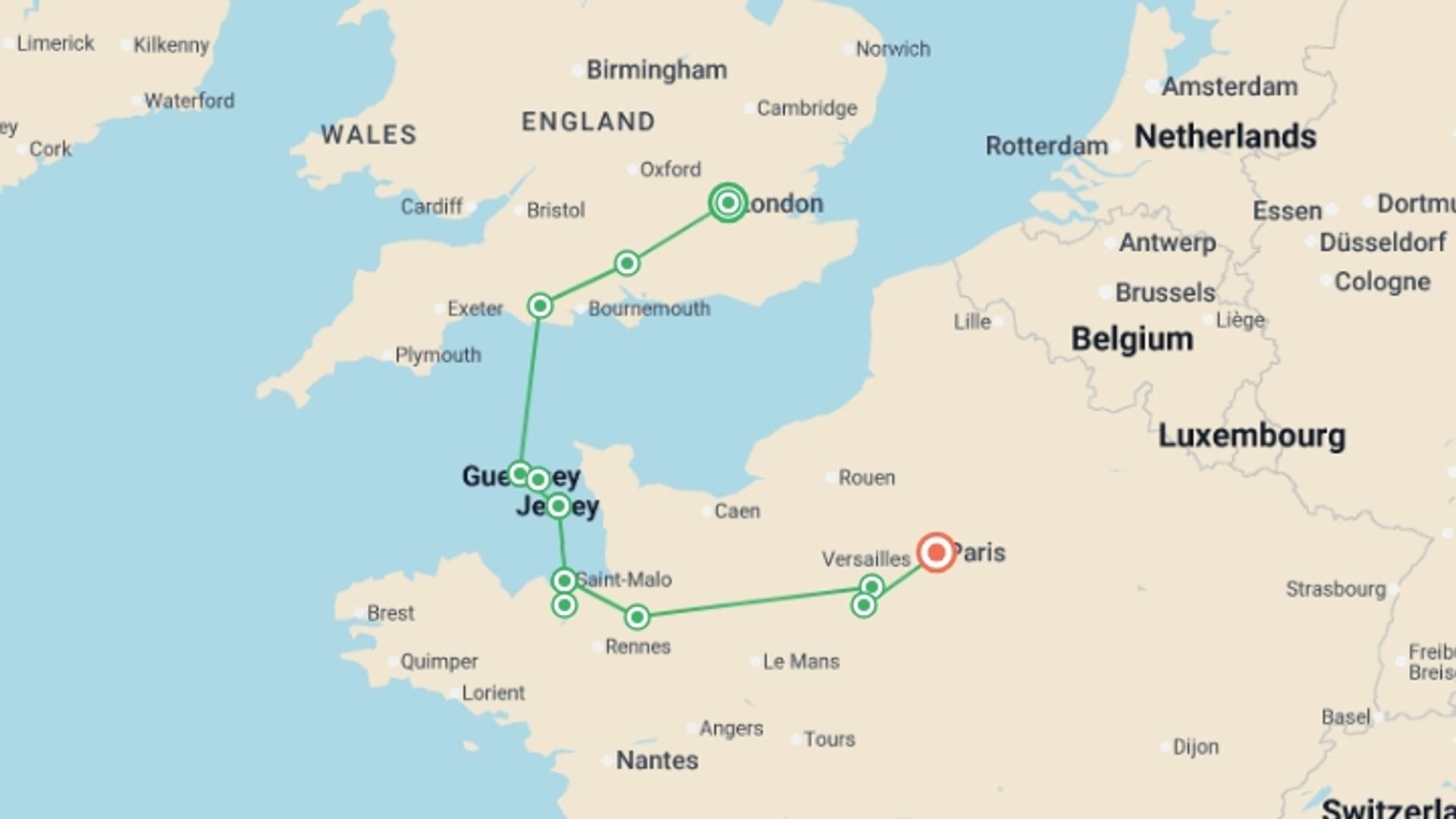 A map showing the tour itinerary for the trip: London to Paris via the Channel Islands, starting in London, England and ending in Paris, France going through 5 other destinations.