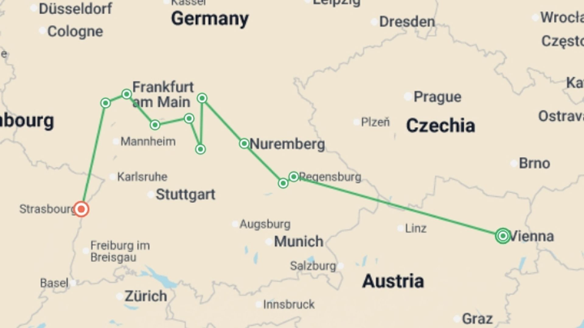 A map showing the tour itinerary for the trip: Cruise through the Heart of Europe from the Rhine to the Danube, starting in Vienna, Austria and ending in Strasbourg, France going through 7 other destinations.