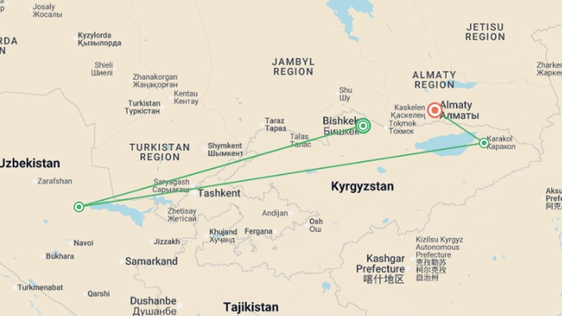 A map showing the tour itinerary for the trip: Northern Stans: Kyrgyzstan & Kazakhstan, starting in Bishkek, Kyrgyzstan and ending in Almaty, Kazakhstan going through 2 other destinations.