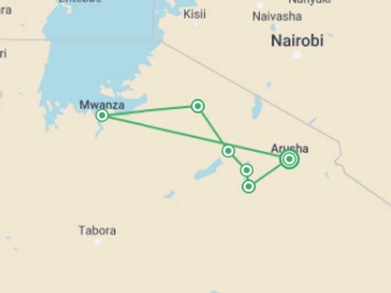 Map of Tanzania Safari Parks Wildlife safaris and game drives Tour with 8 destination visits for the trip: 11 Days Complete Tanzania Safari Package Mwanza to Arusha