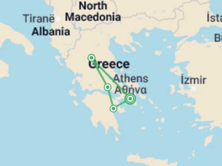 Map itinerary of Greece Tour in June 2027 with 4 destination visits for the trip: Highlights of Mainland Greece