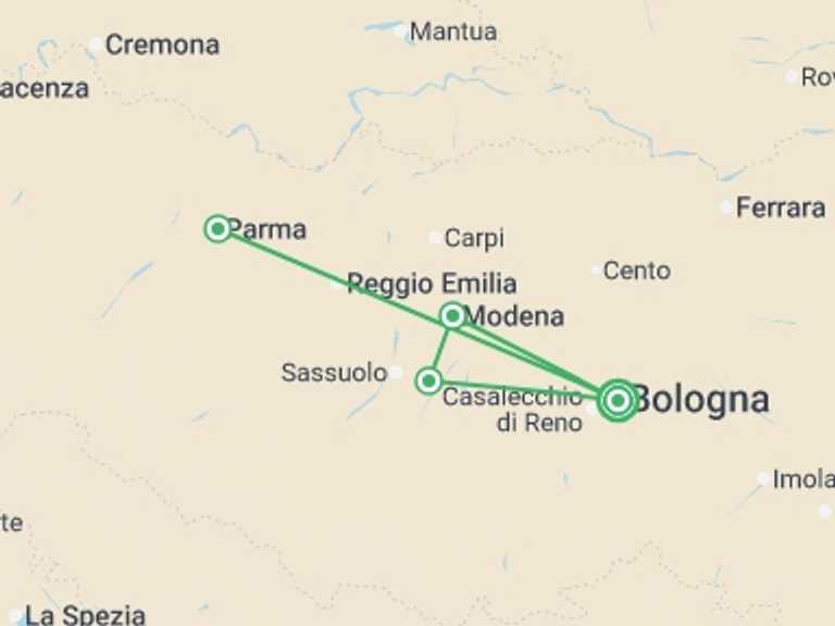 Map itinerary of Bologna Tour in October 2025 with 1 destination visits for the trip: Gastronomic Bologna, Ferrari & Parma - 4 days 