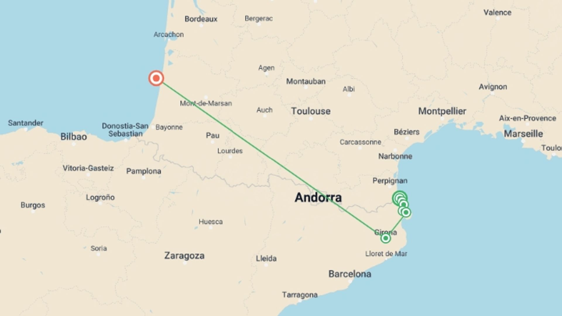 A map showing the tour itinerary for the trip: Footsteps of Dali, starting in Collioure, France and ending in Southern France, France going through 5 other destinations.
