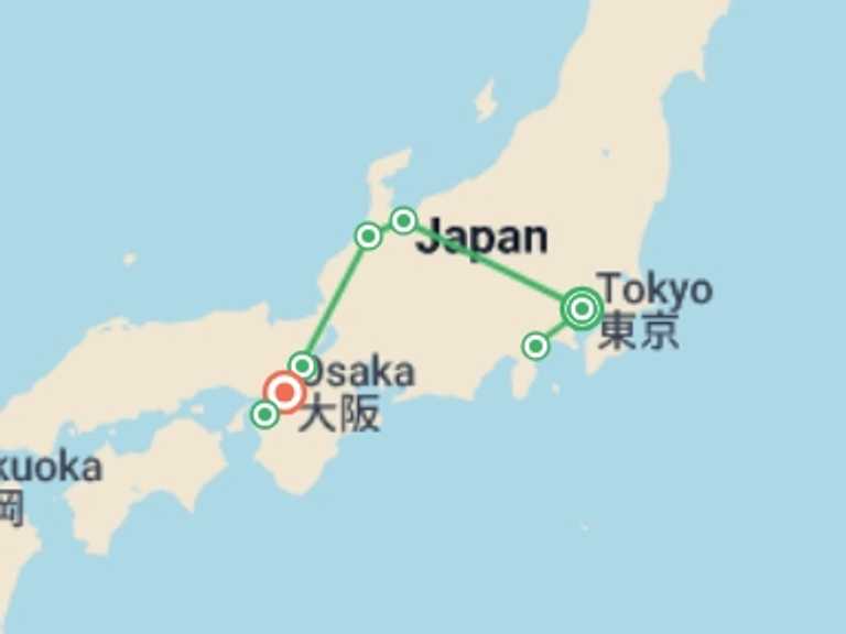 Map itinerary of Japan Tour in Spring with 7 destination visits for the trip: Japanese Alps Discovery Tour