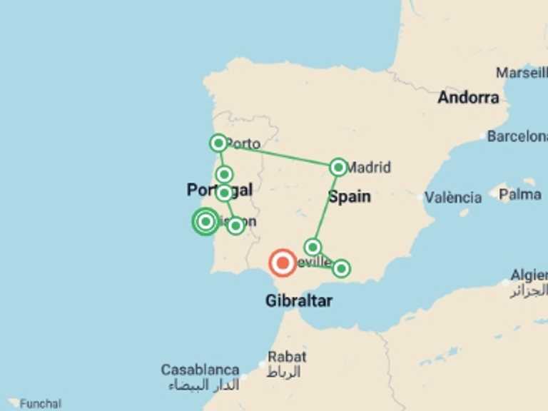 Map itinerary of Mediterranean Tour in October 2026 with 8 destination visits for the trip: Journeys: Iconic Portugal & Spain