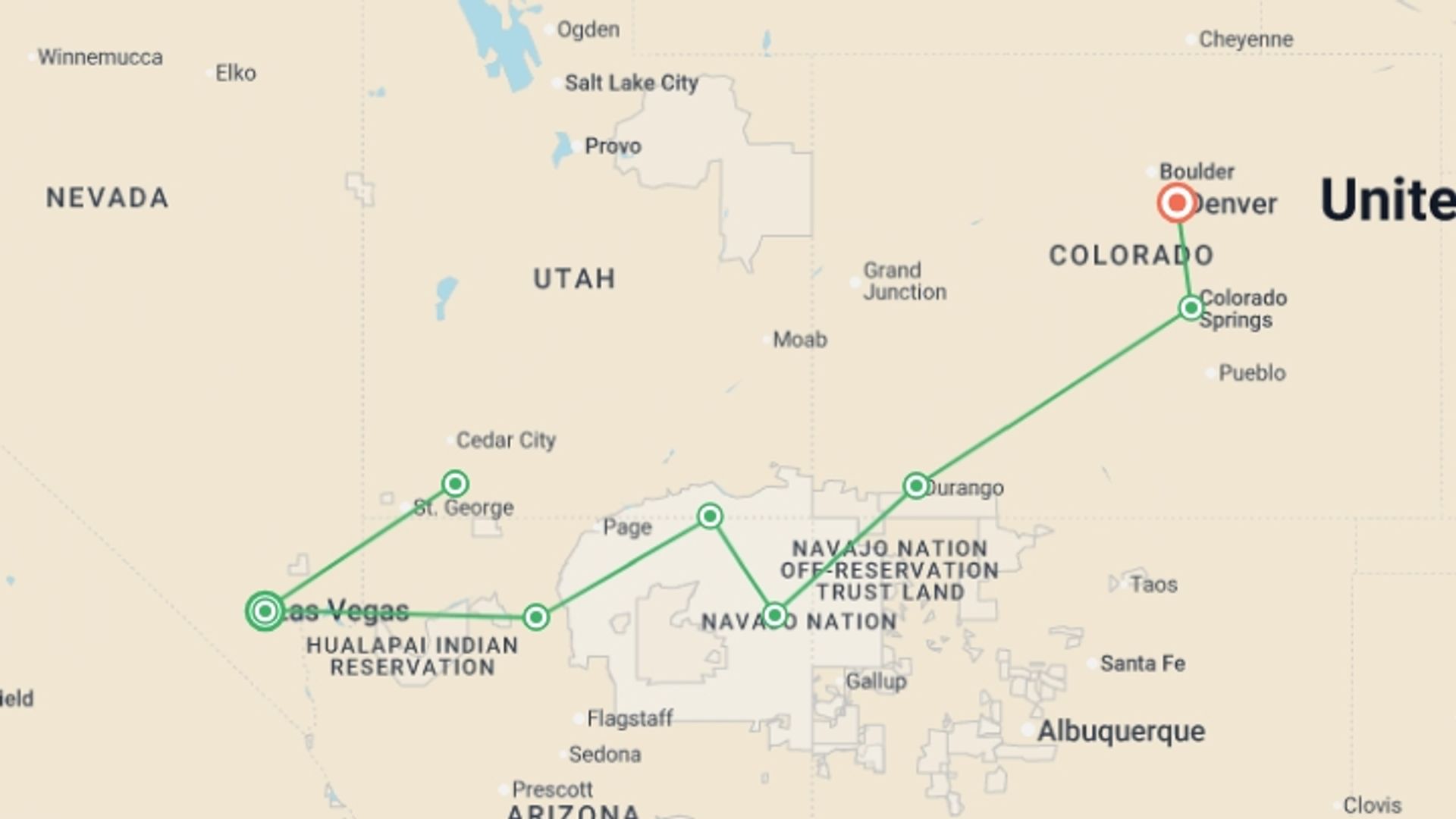 A map showing the tour itinerary for the trip: Discover Southwestern USA, starting in Las Vegas, USA and ending in Denver, USA going through 6 other destinations.