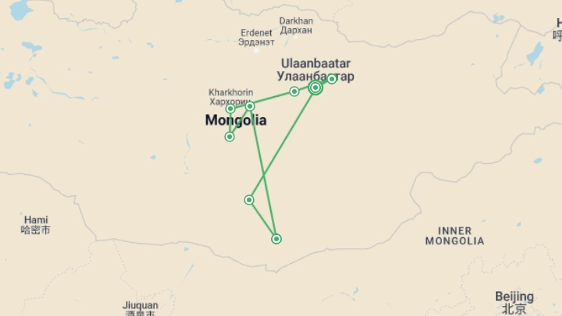 A map showing the tour itinerary for the trip: Discover Mongolia - Naadam Festival, starting in Ulaanbaatar, Mongolia and ending in Ulaanbaatar, Mongolia going through 7 other destinations.