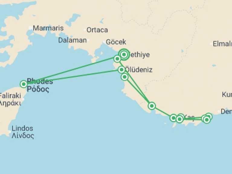 Map of Fethiye Explorer Tour with 7 destination visits for the trip: Serene Turkey Sailing - 8 days