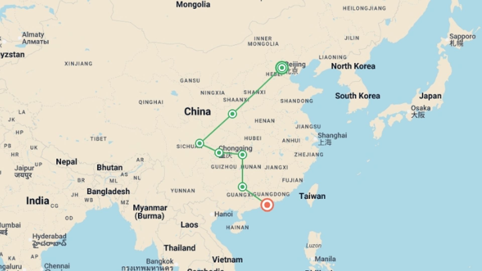 A map showing the tour itinerary for the trip: China: Natural Sites & City Lights, starting in Beijing, China and ending in Hong Kong, Hong Kong going through 5 other destinations.