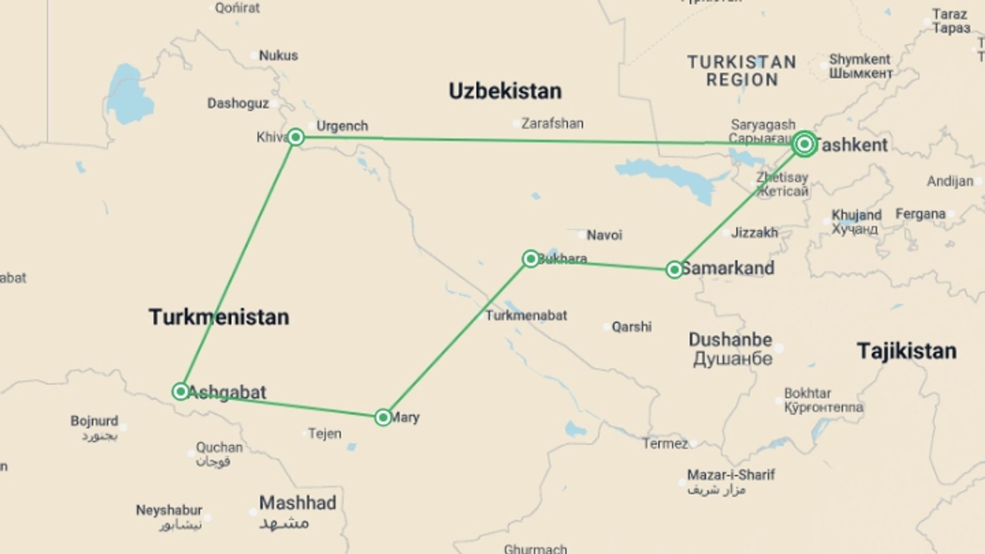 A map showing the tour itinerary for the trip: Central Asia Journey, starting in Tashkent, Uzbekistan and ending in Tashkent, Uzbekistan going through 5 other destinations.